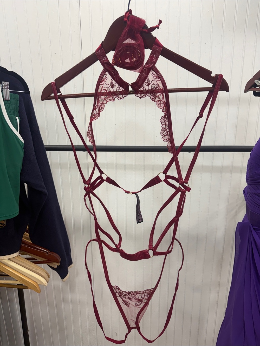 Victoria's Secret Red Vinyl & Lace Strappy Harness Bodysuit